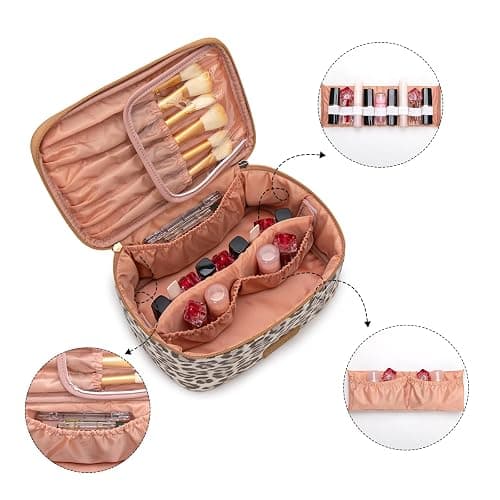 Montana West X Wrangler Travel Makeup Bag 2pcs Set Large Cosmetic Bag with Makeup Brush Holder Portable Make Up Organizer Cute Toiletry Bag with Divider and Handle for Women Leopard thumbnail 4