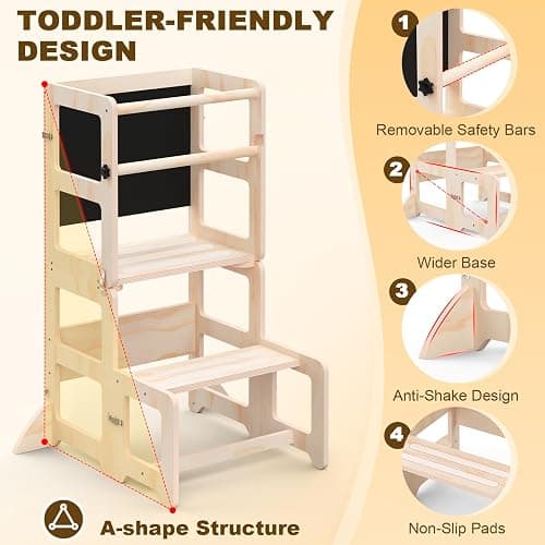 Toddler Kitchen Step Stool, 4-in-1 Foldable Standing Tower with Blackboard, Toddler Step Stool for Bathroom Sink, Kitchen Counter, Ages 18 Months+, 1-3 Year Old Boy Girl Gifts thumbnail 4