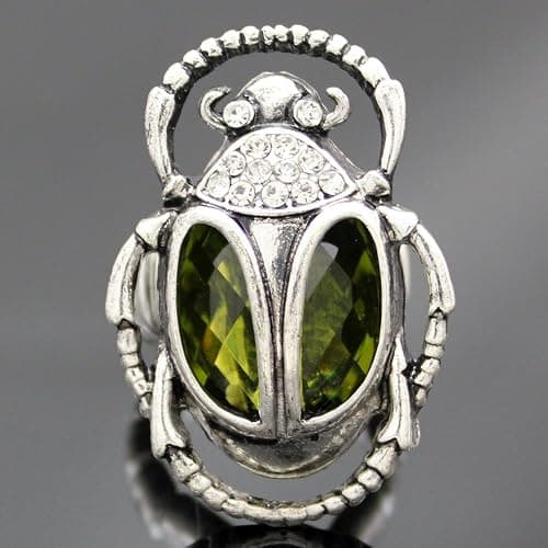 Q&Q Fashion Silver Plated Vintage Egyptian Cleopatra khepri Scarab Beetle Green Rhinestone Stretch Finger Ring thumbnail 2