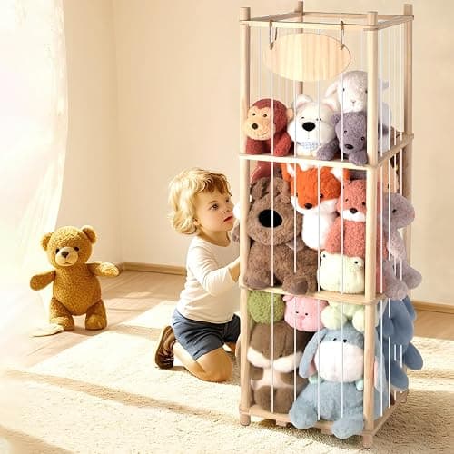 Stuffed Animal Storage Organizer - Thick Wooden Toy Zoo for Playroom & Bedroom, Large Plushies Holder with Cute Jail Cage Design, Plush Toy Display Tower Shelf thumbnail 2