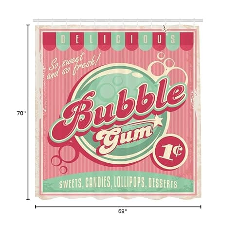 Lunarable Retro Shower Curtain, Advertisement for Candy Shop with Pastel Stripes Background Eighties Design, Cloth Fabric Bathroom Decor Set with Hooks, 69" W x 70" L, Pink and Mint Green thumbnail 2