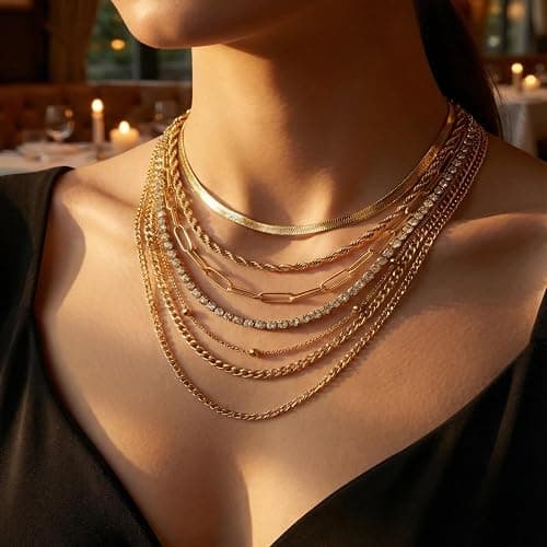 CHICVISION Gold Necklace set for Women,11PCS Cuban snake Chain Non Tarnish thumbnail 4