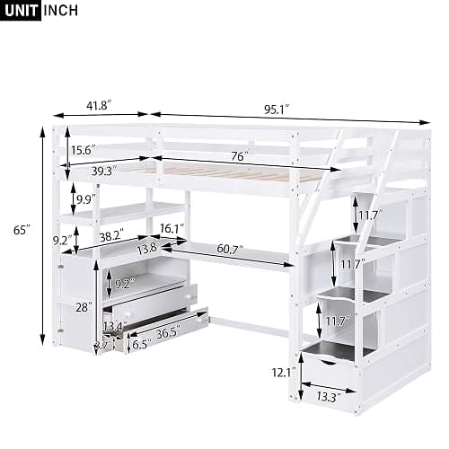 Harper & Bright Designs Twin Size Loft Bed with Desk Staircase and Storage Drawers, Solid Wood Loft Bed Frame with Shelves for Kids Adults Teens, White thumbnail 2
