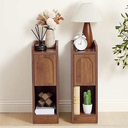 Narrow Nightstand, Slim Bedside Table with Raised Edge Top, Arched Drawer & Open Shelf, Modern Wooden Small Side End Table for Bedroom or Living Room (1, Walnut) thumbnail 7