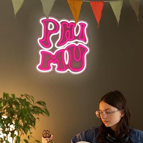 Phi Mu Fraternity Sorority Neon Sign,Dimmable ΦM Pink LED Neon Lights for Wall Decor,Sorority Neon Wall Sign with USB Power Paraphernalia for Birthday Party Decor,12.6x13.4 inches. thumbnail 7