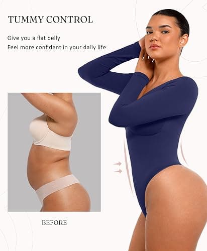 FeelinGirl Women's Long Sleeve Shapewear Bodysuit for Tummy Control Seamless Body Suits Thong V Neck Going Out Tops thumbnail 3