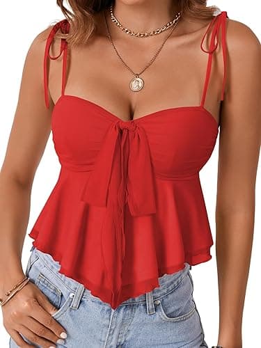 Rooscier Women's Straps Knotted Front Sleeveless V Neck Vintage Peplum Sexy Cami Top - Small - Red