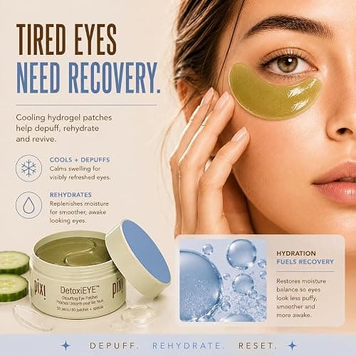 Pixi DetoxifEYE Depuffing Hydrogel Under-Eye Patches, Cucumber, Hyaluronic Acid & Caffeine For Puffy Eyes and Dark Circles, Hydrate Eye Area, 30 pairs, 60 Patches thumbnail 6