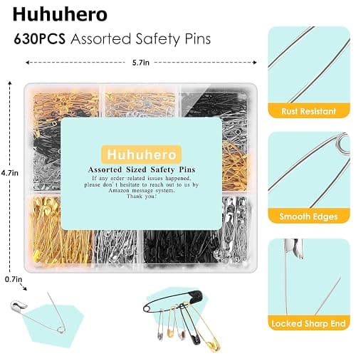 630 Pack Safety Pins Assorted, 5 Different Sizes Small and Large Safety Pin for Clothes Pins Sewing, Nickel Plated Steel, Arts and Crafts Supplies (3 Colors) thumbnail 3