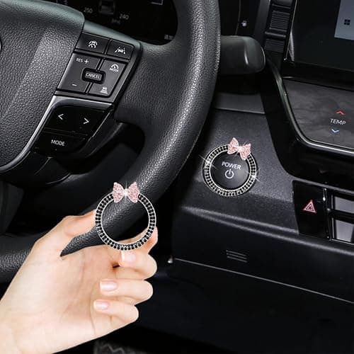 ORIESSE Bow Car Accessories,Pink Bow Tie Push Start Button Rhinestone Ring,Black Engine Start Stop Button Ring Car Decor,Bling Girly Ignition Charm thumbnail 3