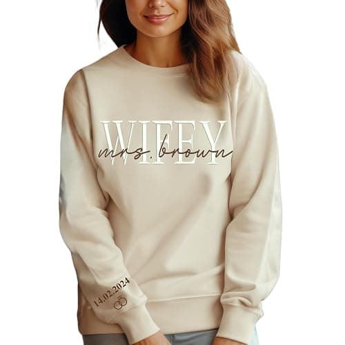 Embroidered Sweatshirt, 100% Cotton Wifey Sweatshirt, Wedding Gift, Gift for Bride, Bridal Shower Gift, Newlywed Honeymoon Present Black thumbnail 4