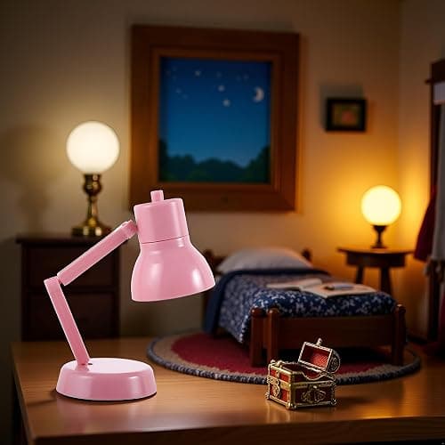 Miniature LED Desk Lamp for Dollhouse, Simulation Furniture Accessory with Light (Pink) thumbnail 7