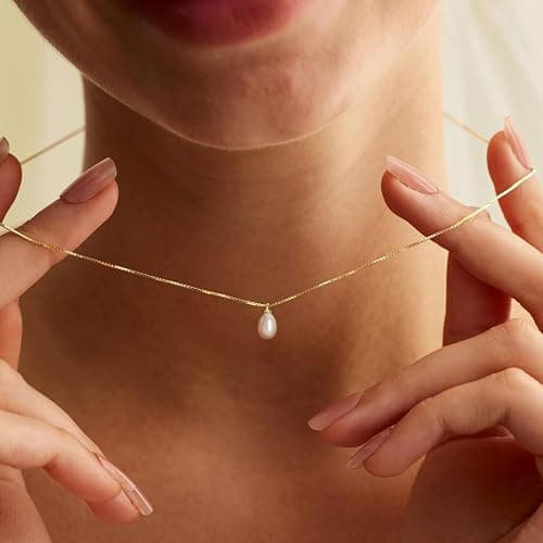 Pearl Necklaces for Women Trendy,Dainty Gold Necklace 14K Gold Plated Pearl Pendant Necklace Single Pearl Necklace Cute Choker Necklace Gold Lariat Necklace Simple Chain Necklace Bridal Gifts thumbnail 4
