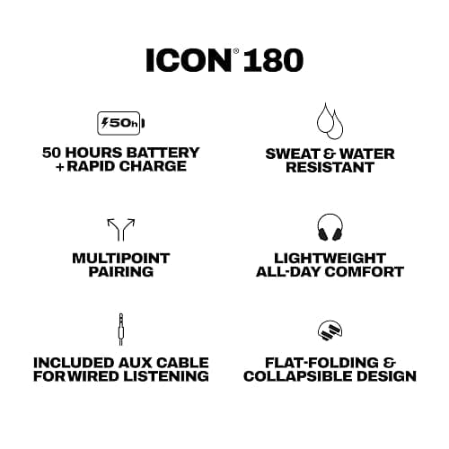 Skullcandy Icon 180 Wireless On-Ear Bluetooth Headphones, Up to 50 Hours Battery, Lightweight and Travel Ready, Secure Fit, Sweat and Water Resistant, Microphone iPhone Android - True Black thumbnail 10