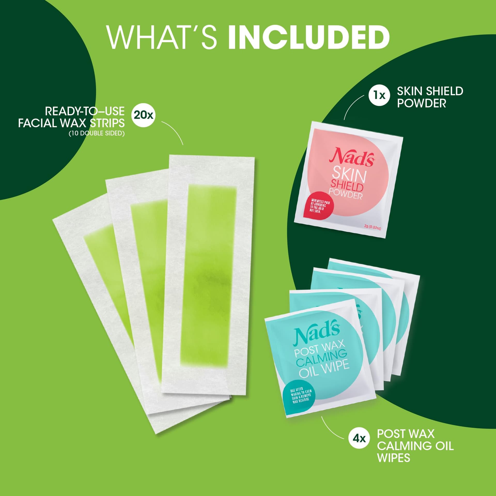 Nad's Facial Wax Strips, Hypoallergenic Face Hair Removal Kit, 20 Ct | All skin types, made with shea butter, home waxing kit, 4 calming oil wipes, skin protection powder, ready to use, no heating thumbnail 2