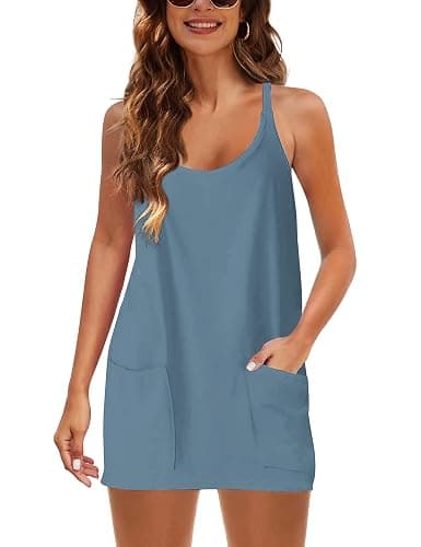 Lentta Womens Athletic Sleeveless Mini Dress with Built-in Shorts V Neck Spaghetti Strap Sundress thumbnail 3