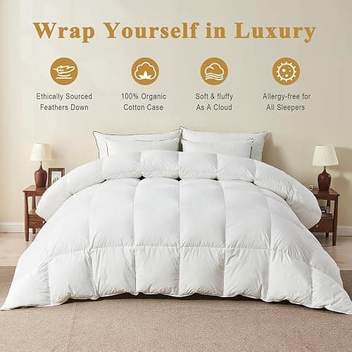 TOPGREEN 100% Organic Feather Down Comforter Full/Queen Size, Luxury Extra-Fluffy Duvet Insert, All Season Bed Comforter with Ultra-Soft Organic Cotton Case (90x90 Inch, Ivory White) thumbnail 2