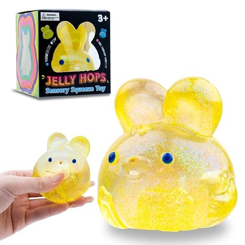 Stress Relief Glitter Bunny Squeeze Toy - Anxiety Calming Sensory Fidget Toy, Soft Squishy Ball for Kids Adults ADHD Autism, Yellow Jelly Hops - Image 1