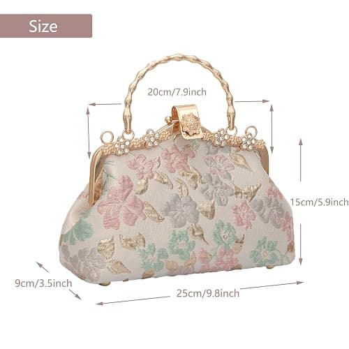 YeBon Retro Shoulder Chain Messenger Clutch Chinese Style Crane Embroidered Jacquard Women's Evening Bags (Golden Pink Flower) - K Pink Flower thumbnail 2