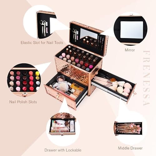 Makeup Train Case Professional Makeup Organizer Case with Drawer Mirror Extra Large Makeup Manicure Accessory with Dividers Travel Cosmetic Case for Cosmetologist Nail Tech Kits Makeup Case Rose Gold thumbnail 7
