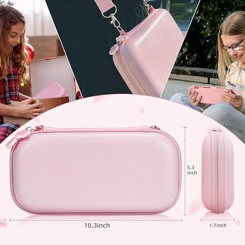 BRHE Pink Travel Carrying Case Accessories Kit for Switch Lite, Hard Protective Cover Skin Shell with Stand, Glass Screen Protector, Thumb Grip Caps 9 in 1 thumbnail 6
