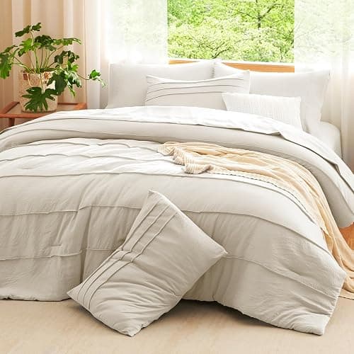 CozyLux Comforter Set Queen Size, Beige 7 Pieces Soft Pinch Pleat Bed in a Bag Queen Comforter Set with Sheets, Boho Bed Set with Down Alternative Comforter, Sheets, Pillowcases & Shams thumbnail 7