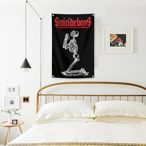 owpIa Horror Skull Tapestry Suicide Music Boys Flag 2x3ft for Room Teen Girls Indoor Outdoor Bedroom and College Dorm With 4 Brass Grommets thumbnail 3