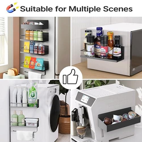 Slow Slog Magnetic Spice Rack, 4 Pack Magnetic Shelf for Refrigerator, Magnetic Refrigerator Organizer, Kitchen Space Saving, Moveable Spice Rack Organizer with Paper Towel Holder, Metal Gray thumbnail 6