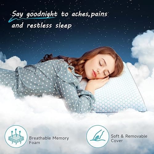 CushyOasis Memory Foam Pillows for Side, Back and Stomach Sleepers, Set of 2, Bed Pillow with Washable Cover and Breathable Mesh, Bed Pillow for Sleeping (Blue，Standard Size) thumbnail 4