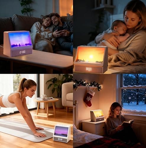 Sunrise Alarm Clock for Bedrooms, White Noise Machine Creative Simulated Sunrise Animation with 7 Modes, 12 Natural Sounds, Music Speaker & Remote, Wake Up Light Sunset Lamp Gifts for Heavy Sleepers thumbnail 9