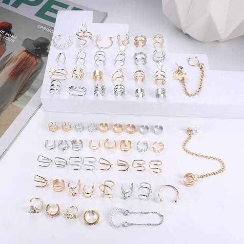 FINREZIO 64PCS Ear Cuff Earrings for Women, Non Piercing Clip On Wrap Cartilage Earrings Helix Ear Cartilage Ear Cuffs, Ear Clip Fake Earrings Adjustable thumbnail 5