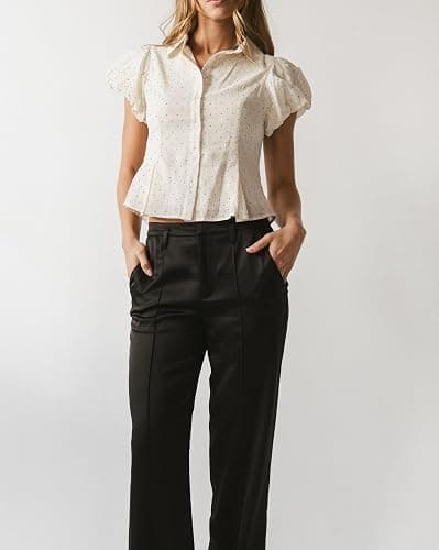 UAURORAO Women Collared Button Up Shirt Puff Short Sleeve V Neck Babydoll Blouse Ruffle Cropped Going Out Tops Teen thumbnail 3