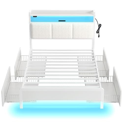Rolanstar Bed Frame Twin Size with Charging Station and LED Lights, Upholstered Storage Headboard with Drawers, Heavy Duty Metal Slats, No Box Spring Needed, Noise Free, Easy Assembly, White - Image 1