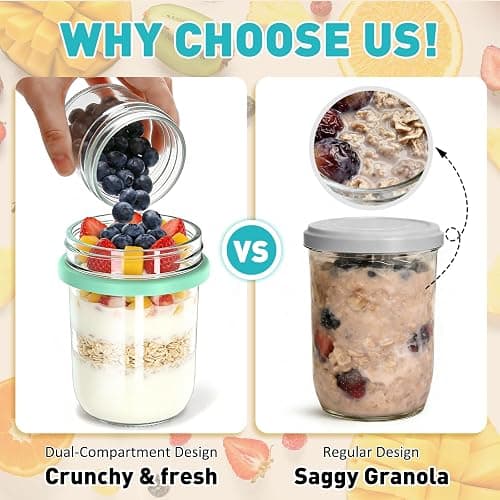 4 Pack Overnight Oats Containers with Lids and Spoons, 20 oz (16+4) Overnight Oats Jars, Glass Mason Jars with Dry and Wet Separation for Oatmeal Salad Yogurt, Dual-Layer Yogurt Containers with Lids thumbnail 6