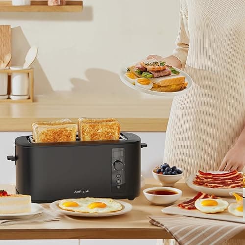 Anfilank Toaster 4 Slice Long Extra Wide Slot 1.5" with Countdown Timer, 6 Browning Settings, Built-in Warming Rack, Bagel/Cancel/Defrost Functions, Removable Crumb Tray-Matteblack thumbnail 2