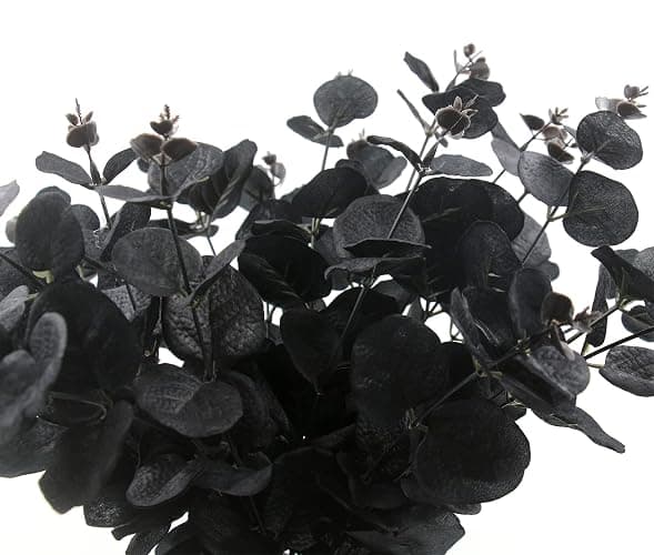Hananona 6 Pcs Artificial Black Eucalyptus Stems, 14" Eucalyptus Leaves Branches Bouquet for Flower Arrangement DIY, Black Silk Flowers for Home Halloween Farmhouse Decor (Black, 6) thumbnail 5