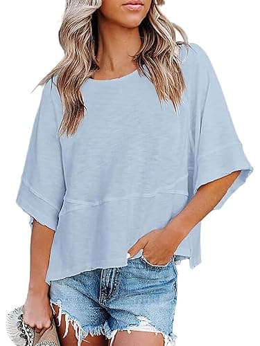 Aisongyuan Women's Summer T-Shirts Crewneck Batwing 3/4 Sleeve Loose Tops | Cotton‑polyester blend,Cute Basic Flowy Boho tee for summer beach & daily wear - Image 1