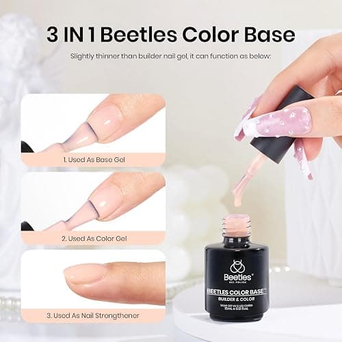 Beetles Color Base Gel Polish, 1pcs 15ml Rubber Base Builder Neutral Nude Gel Base Coat Warm Jade Nail Polish Nail Strengthener UV Led Needed Gift for Women Girls thumbnail 3