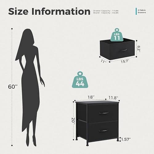DUMOS Nightstand Small Dresser with 2 Fabric Drawers Side Tables Bedroom End Table Bedside Storage Furniture for 20 inch Tall Night Stand for Entryway, College Dorm, Classic Black thumbnail 3