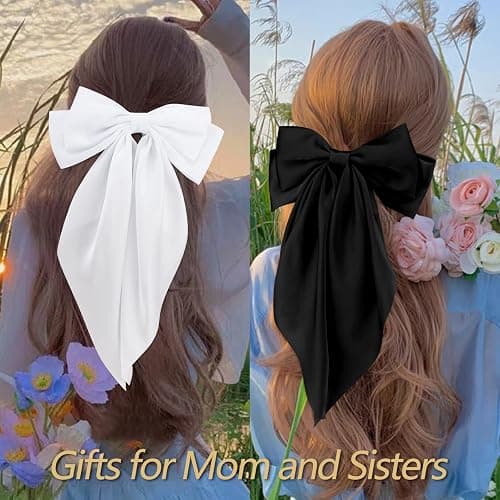 Velscrun 3Pcs Hair Accessories for Women - Black, White, and Navy Blue Oversized Satin Bows with Long Tails and Clips for Girls - Hair Barrettes Gift Set thumbnail 5