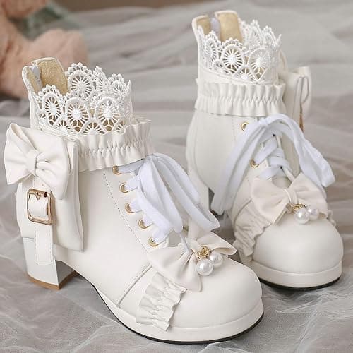 LUXMAX Women Chunky Heel Lace Up Booties Lolita Kawaii Shoes Block Heel Cute Ankle Boots Sweet Lace Boots with Bow thumbnail 2