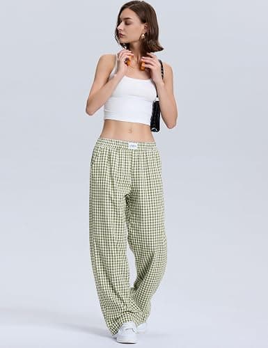 LOMON Women's Striped Gingham Boxer Pants Cotton Pajama Lounge Pj Casual Plaid Trousers Y2K Beach Bottoms with Pockets thumbnail 4
