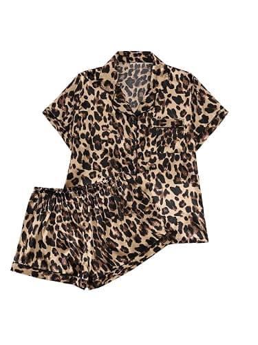 SHENHE Women's 2 Piece Satin Pajama Set Leopard Short Sleeve Button Down Pj Shorts Set - Image 1