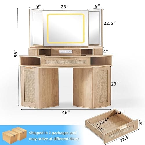 Lerliuo LEYAOYAO Fluted Makeup Vanity Desk with Mirror and Lights, 43.5'' Blue Vanity Table with Glass Top and Power Outlet, Make Up Vanity with 6 Drawers and Adjustable Shelves for Bedroom thumbnail 2