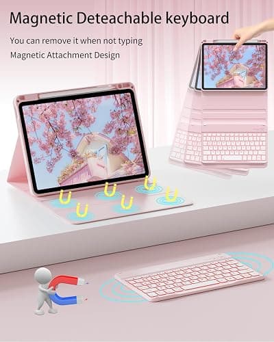SQBEBS Case with Keyboard for iPad Air 11 inch M3/M2 2025/2024, iPad Air 5th/4th Generation 10.9 inch, 7 Colors Backlit Detachable Bluetooth Keyboard, Stand Folio Cover with Pencil Holder, Light Pink thumbnail 4
