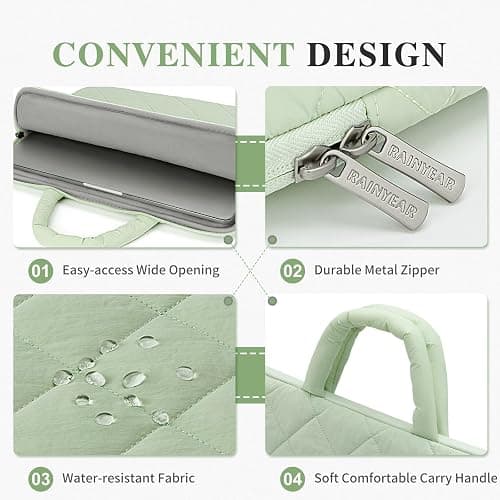 RAINYEAR Puffy Laptop Sleeve Case, 14-15 Inch Protective Padded Waterproof Lightweight Laptop Bag Briefcase for 14-15 Inch MacBook Computer Chromebook Notebook, Green thumbnail 3