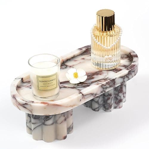 LWALMS Marble Perfume Tray with Legs - Oval Decorative Stone Pedestal for Bathroom Vanity Coffee Table Kitchen Countertop, Footed Jewelry Candle Organizers Catchall Plate Riser with Scalloped Feet thumbnail 6