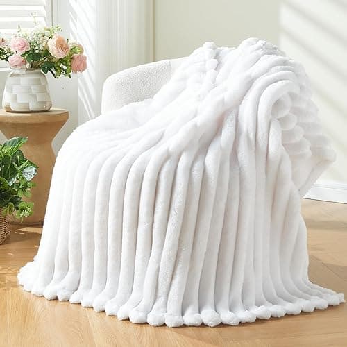 NEWCOSPLAY Super Soft Twin Blanket White Premium Silky Flannel Fleece 3D Ribbed Jacquard Lightweight Bed Blanket All Season Use (White Ribbed, Twin(60"x80")) - White Ribbed - Twin(60"x80") - Image 1