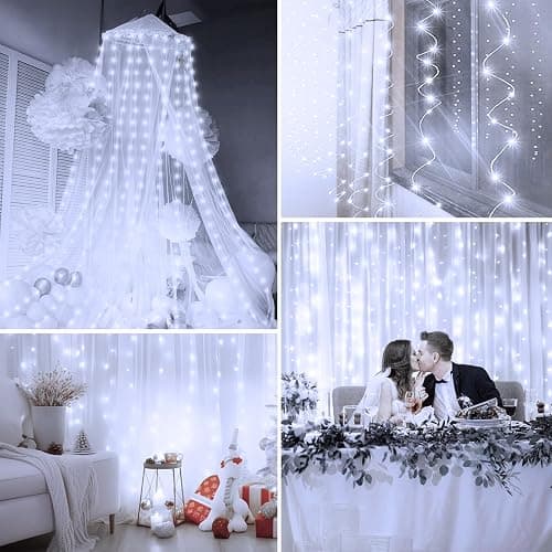 Minetom Curtain Lights, 300 LED Dimmable Fairy Lights with Remote and Timer, 8 Modes, USB Powered String Lights for Room Wall Party Xmas Indoor Decor, White - White - 1 Pack thumbnail 7