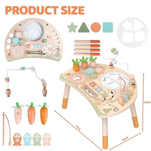Hewaurorion Wooden Activity Table for 1 Year Old - Montessori 9 in 1 Busy Board Baby Activity Centre with Bead Maze Shape Sorter, Sensory Learning Toys for Toddler, Birthday Gift for Boys and Girls thumbnail 2